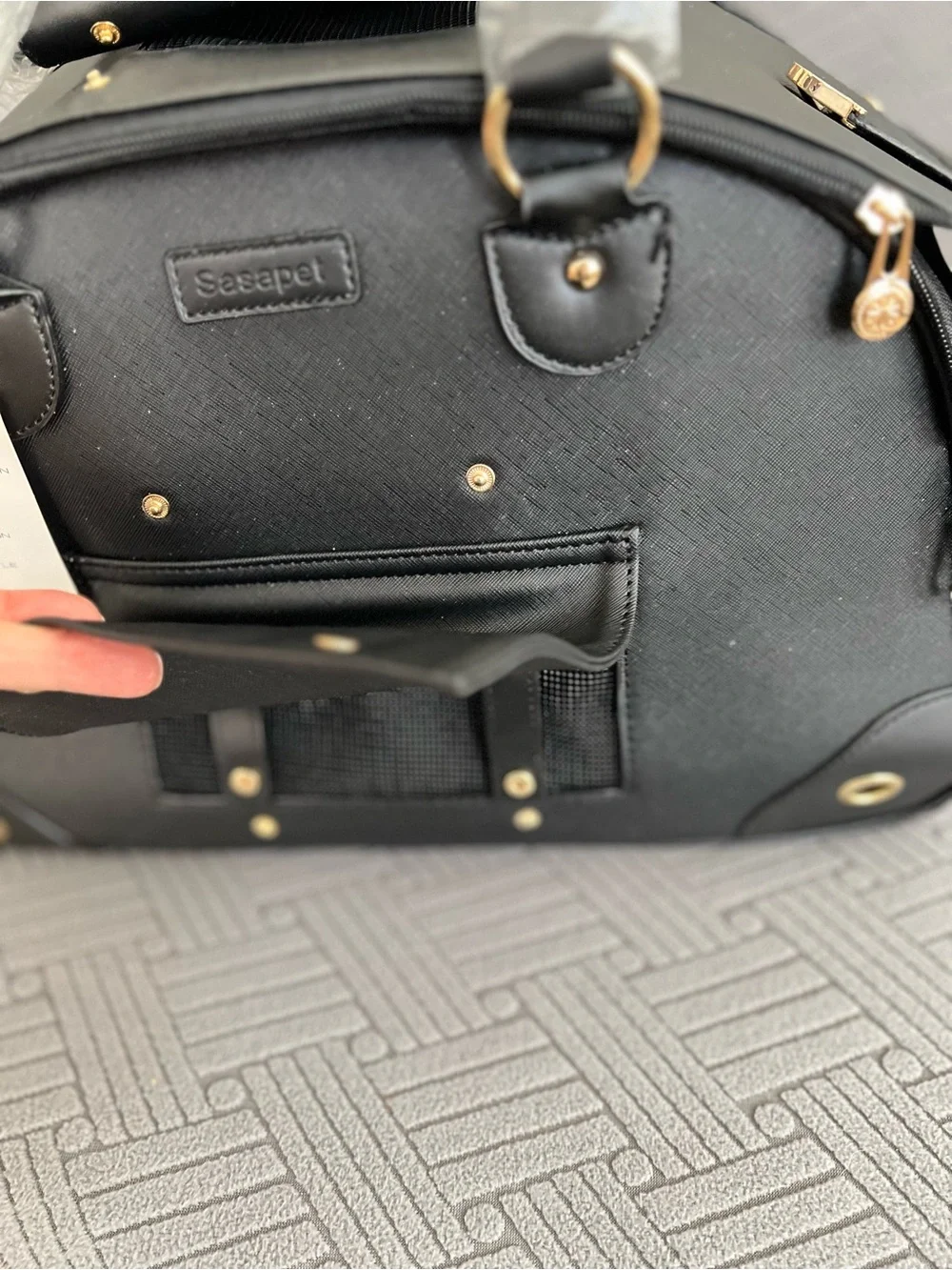 Black Small Pet Carrier Bag with Gold Accents